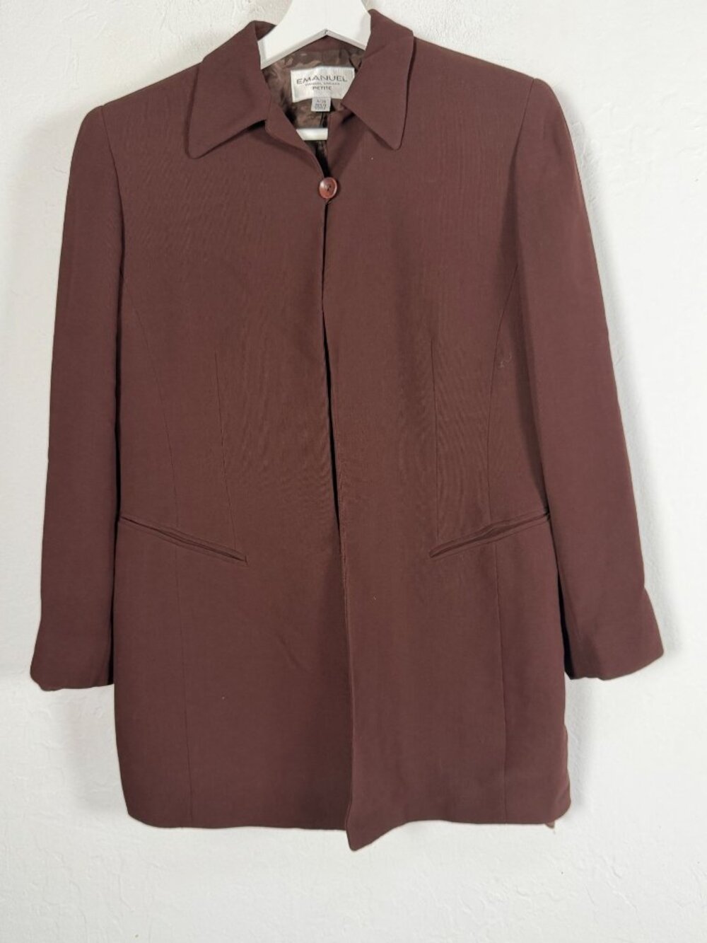 Emanuel Ungaro Petite Brown One-Button Long Blazer Jacket Sz 4/38 Wool Blend